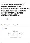 J1 CALIFORNIA RESIDENTIAL INSPECTOR FINAL EXAM COMPLETE 250 QUESTIONS WITH DETAILED VERIFIED ANSWERS &lpar;100&percnt; CORRECT ANSWERS&rpar; &sol;ALREADY GRADED A&plus;
