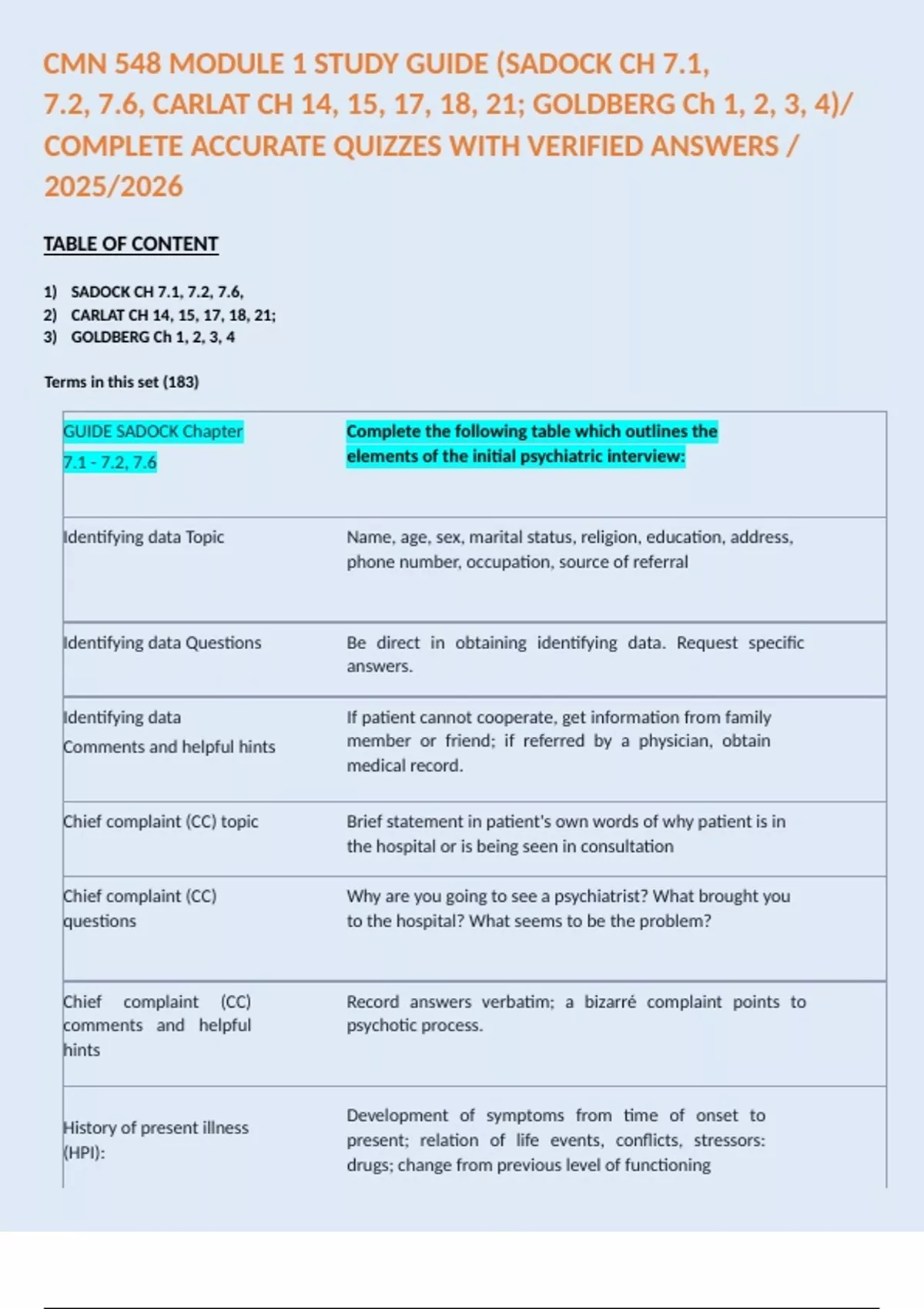 CMN 548 MODULE 1 STUDY GUIDE (SADOCK CH 7.1, 7.2, 7.6, CARLAT CH 14, 15 ...
