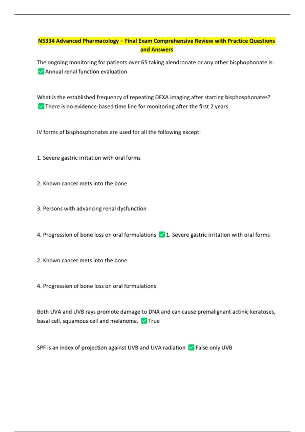 N5334 Advanced Pharmacology – Final Exam Comprehensive Review with ...