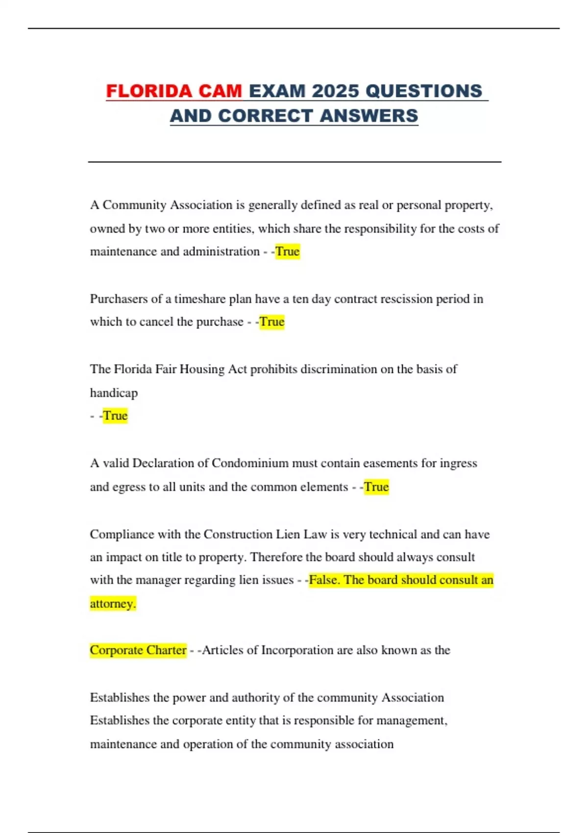 Florida CAM Exam 2025 – Complete Questions and Correct Answers for ...