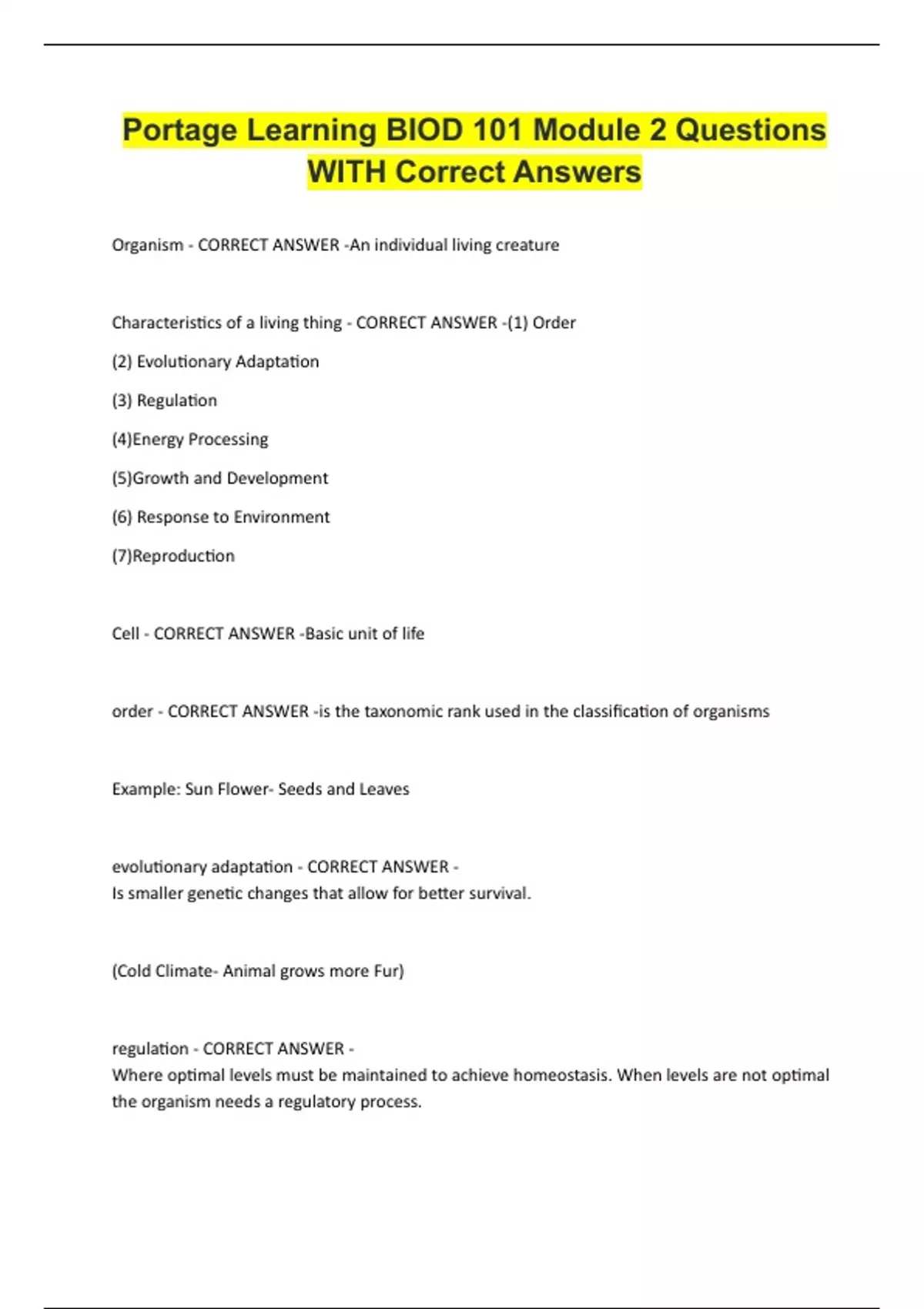 Portage Learning BIOD 101 Module 2 Questions WITH Correct Answers ...