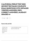 CALIFORNIA PERMIT TEST 2025 NEWEST TEST BANK COMPLETE EXAM QUESTIONS WITH DETAILED VERIFIED ANSWERS &lpar;100&percnt; CORRECT ANSWERS&rpar; &sol;ALREADY GRADED A&plus;