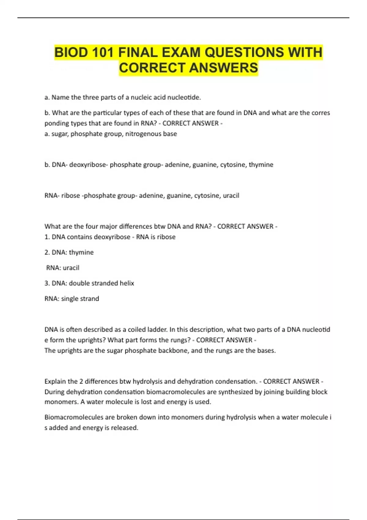 BIOD 101 FINAL EXAM QUESTIONS WITH CORRECT ANSWERS - BIOD 101 - Stuvia US