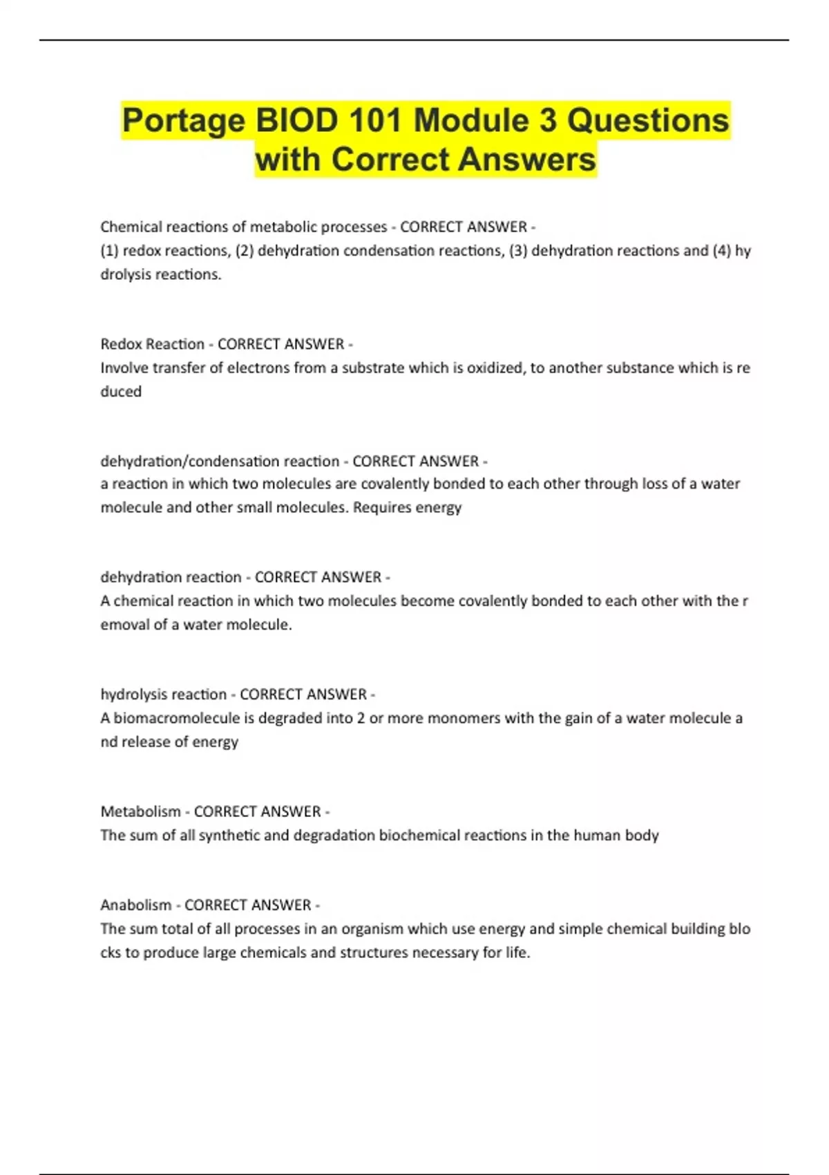 Portage BIOD 101 Module 3 Questions with Correct Answers - BIOD 101 ...