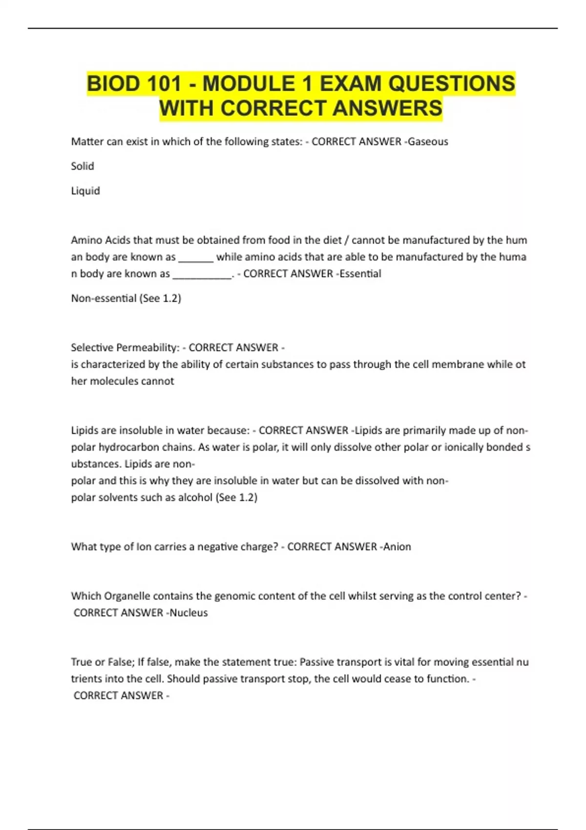 BIOD 101 - MODULE 1 EXAM QUESTIONS WITH CORRECT ANSWERS - BIOD 101 ...