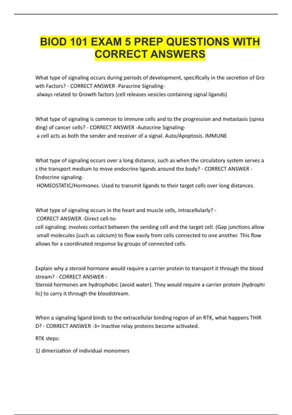 BIOD 101 EXAM 5 PREP QUESTIONS WITH CORRECT ANSWERS - BIOD 101 - Stuvia US