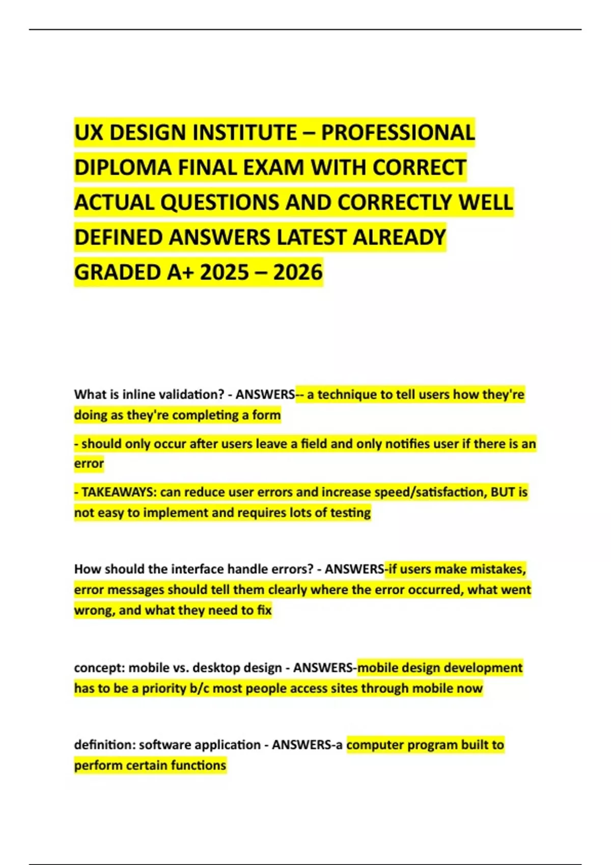 UX DESIGN INSTITUTE – PROFESSIONAL DIPLOMA FINAL EXAM WITH CORRECT ...