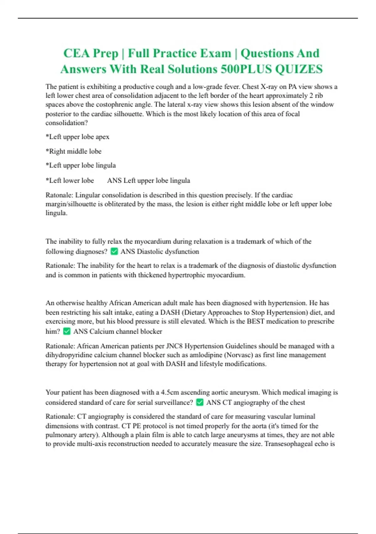 CEA EXAM QUESTIONS AND CORRECT ANSWERS WITH RATIONALE/ ACTUAL 500 ...