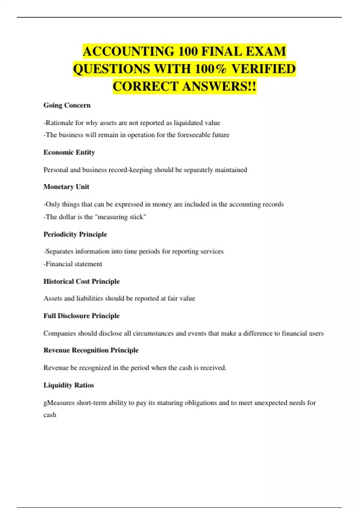 ACCOUNTING 100 FINAL EXAM QUESTIONS WITH 100% VERIFIED CORRECT ANSWERS ...
