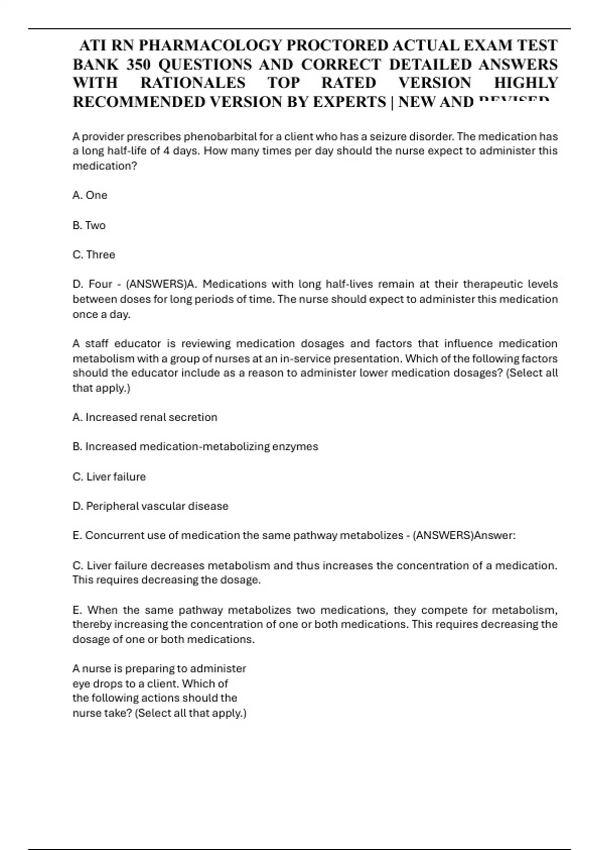 ATI RN PHARMACOLOGY PROCTORED ACTUAL EXAM TEST BANK 350 QUESTIONS AND ...