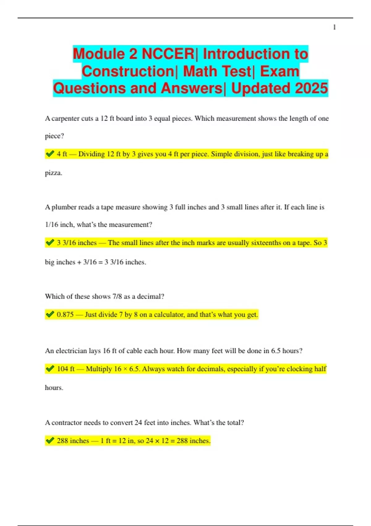 Module 2 NCCER| Introduction to Construction| Math Test| Exam Questions ...