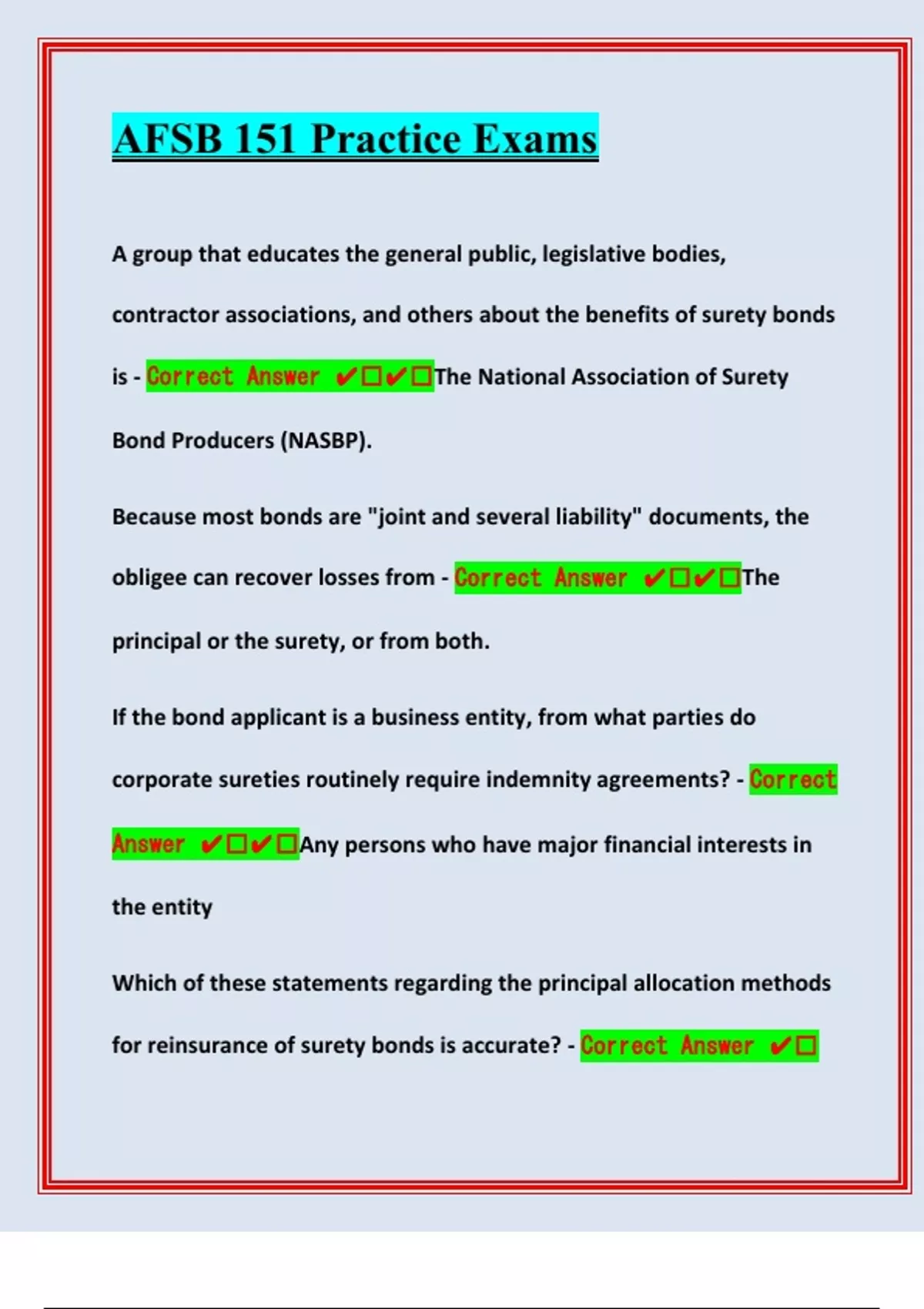 AFSB 151 Practice Exams Comprehensive Questions With Correct Guaranteed ...