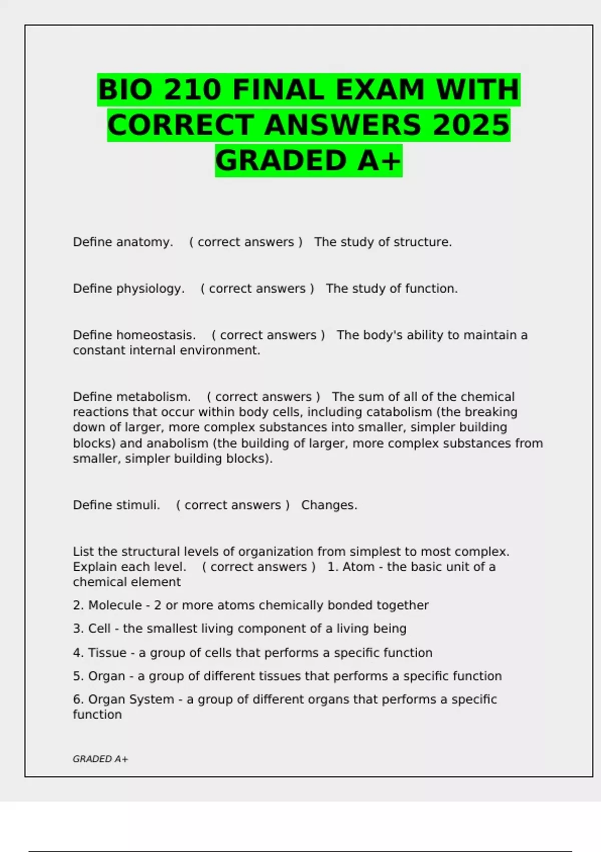 BIO 210 FINAL EXAM WITH CORRECT ANSWERS 2025 GRADED A+ - BIO 210 FINA ...