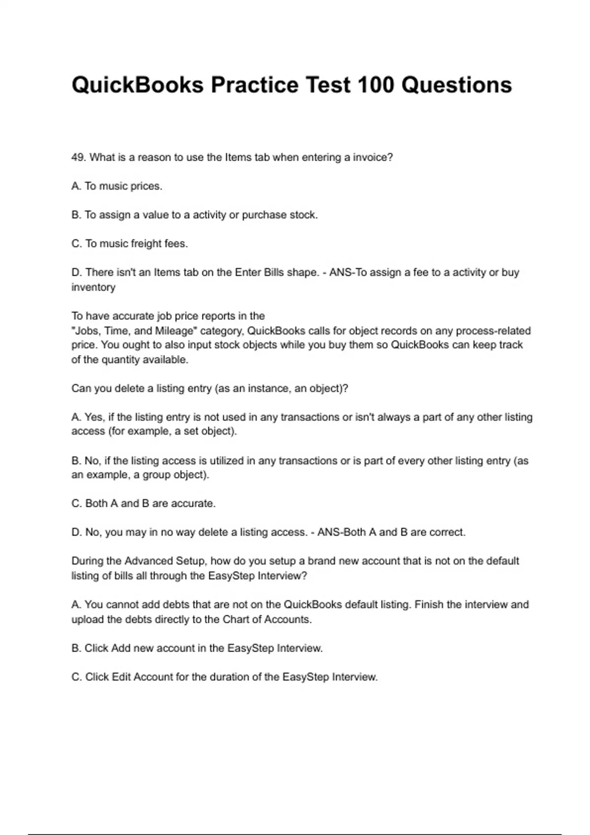 Quickbooks Practice Set QuickBooks Practice Test 100 Questions NEWEST 2025/2026 ACTUAL COMPLETE ...