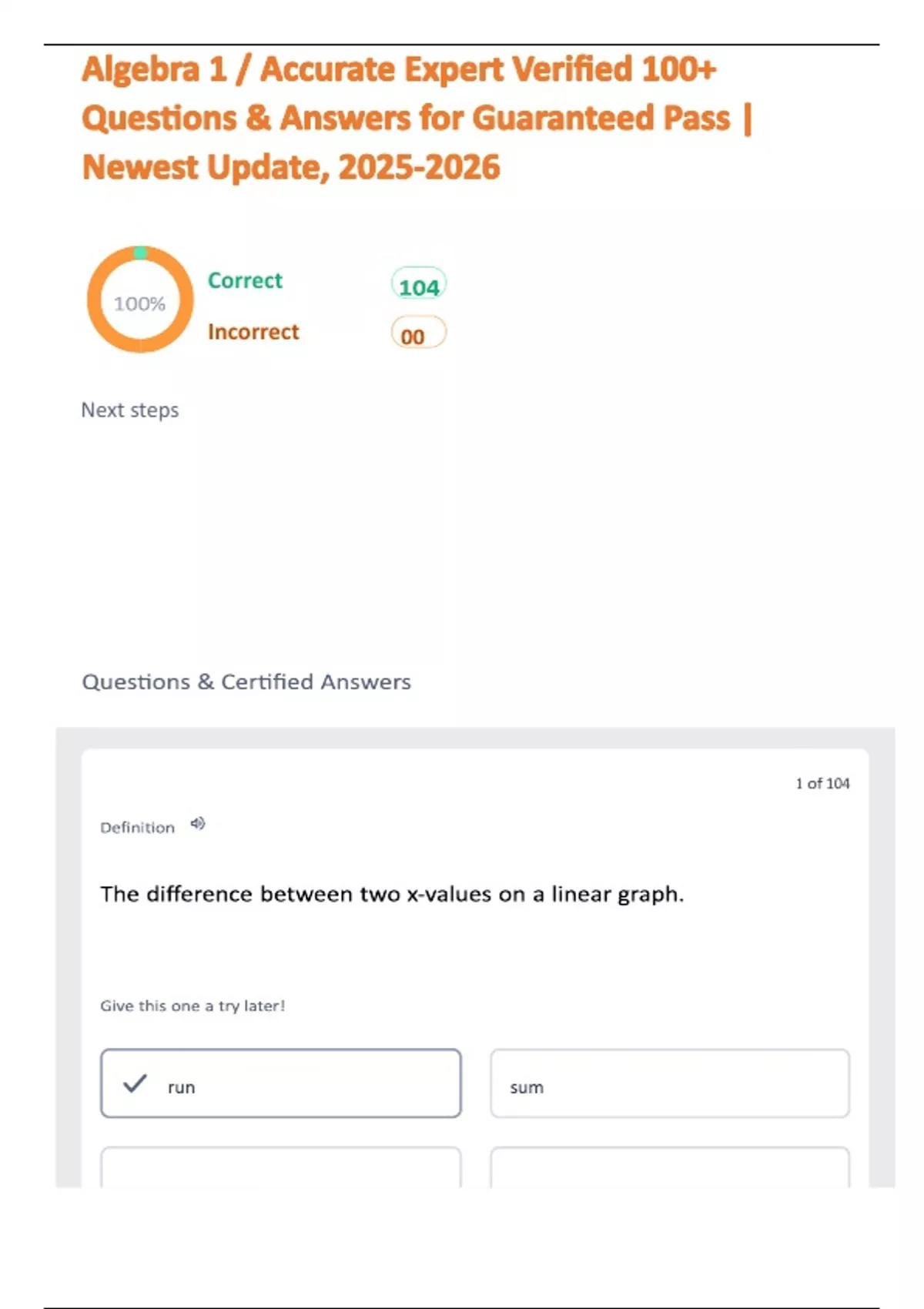 Algebra 1 / Accurate Expert Verified 100+ Questions & Answers for ...