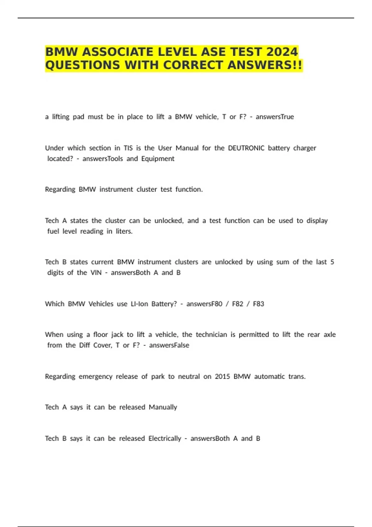 BMW Associate level ASE test 2024 Questions With Correct Answers ...
