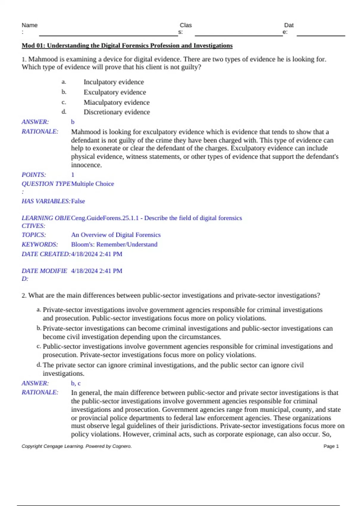 Test Bank, Exam questions: Guide to Computer Forensics and ...