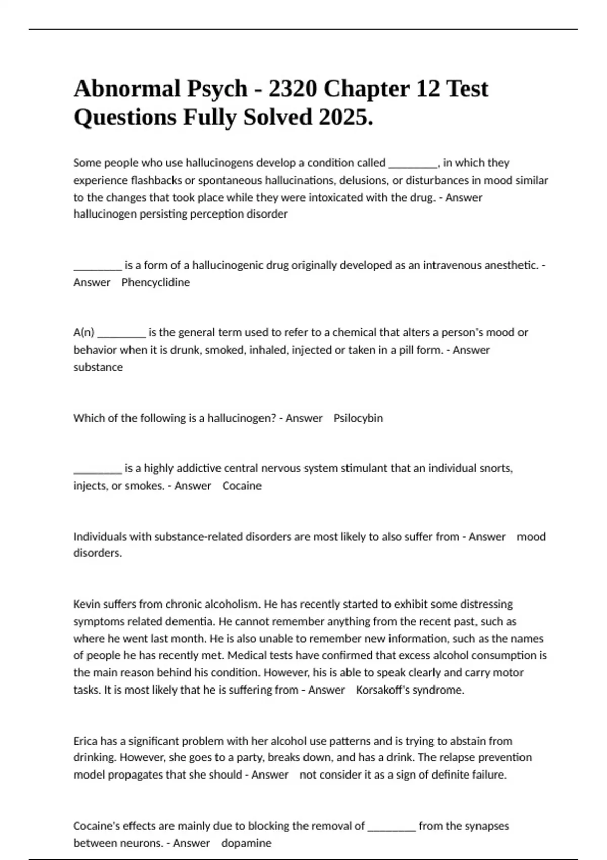 Abnormal Psych - 2320 Chapter 12 Test Questions Fully Solved 2025 ...