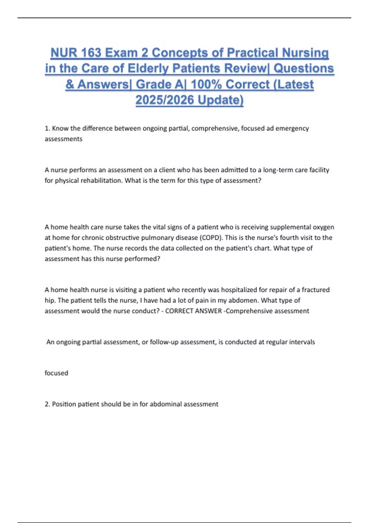 NUR 163 Exam 2 Concepts of Practical Nursing in the Care of Elderly ...