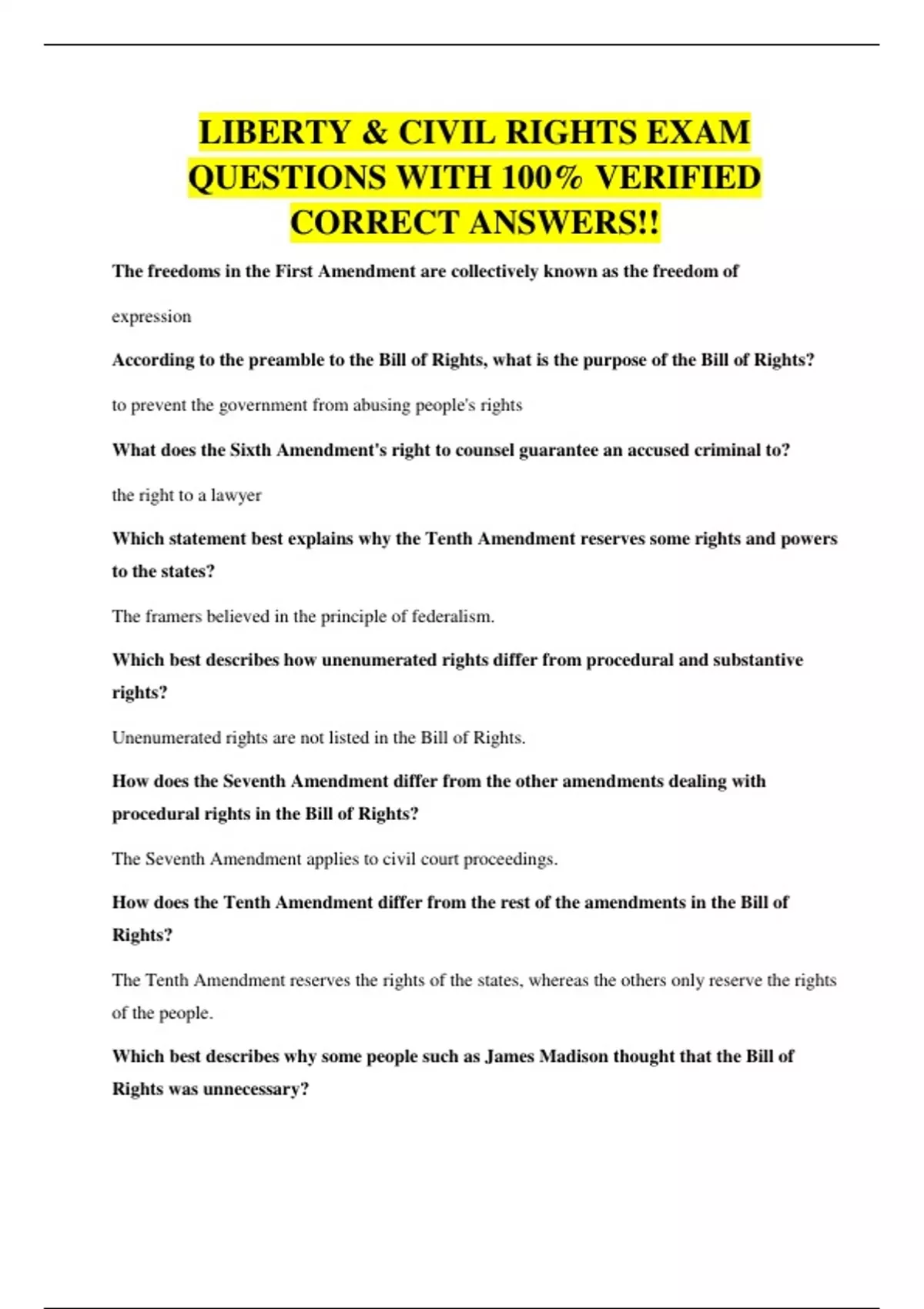 LIBERTY &amp; CIVIL RIGHTS EXAM QUESTIONS WITH 100% VERIFIED CORRECT ANSWERS!! - LIBERTY - Stuvia US