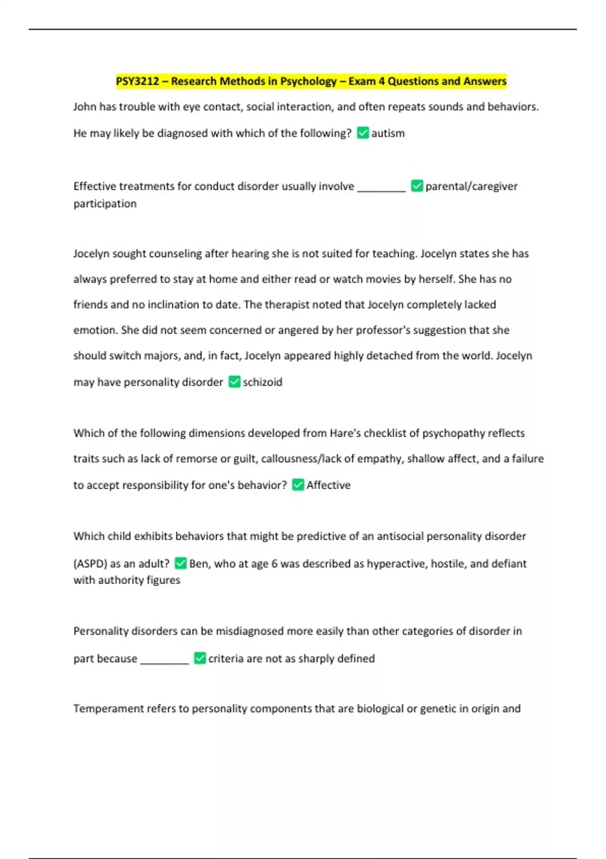 PSY3212 – Research Methods in Psychology – Exam 4 Questions and Answers ...