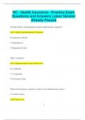 NC - Health Insurance - Practice Exam Questions and Answers Latest Version  Already Passed