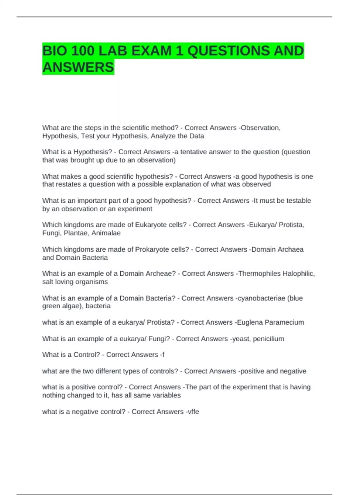 BIO 100 LAB EXAM 1 QUESTIONS AND ANSWERS - Bio 100 - Stuvia US
