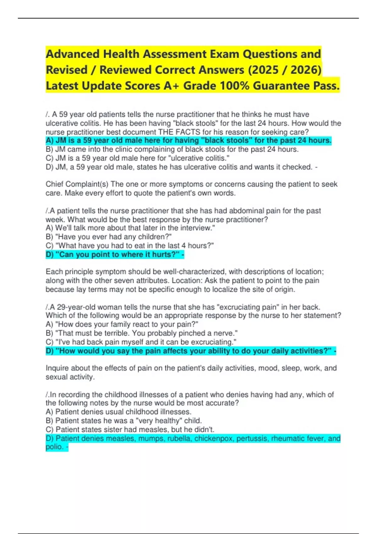 Advanced Health Assessment Exam Questions and Revised / Reviewed ...