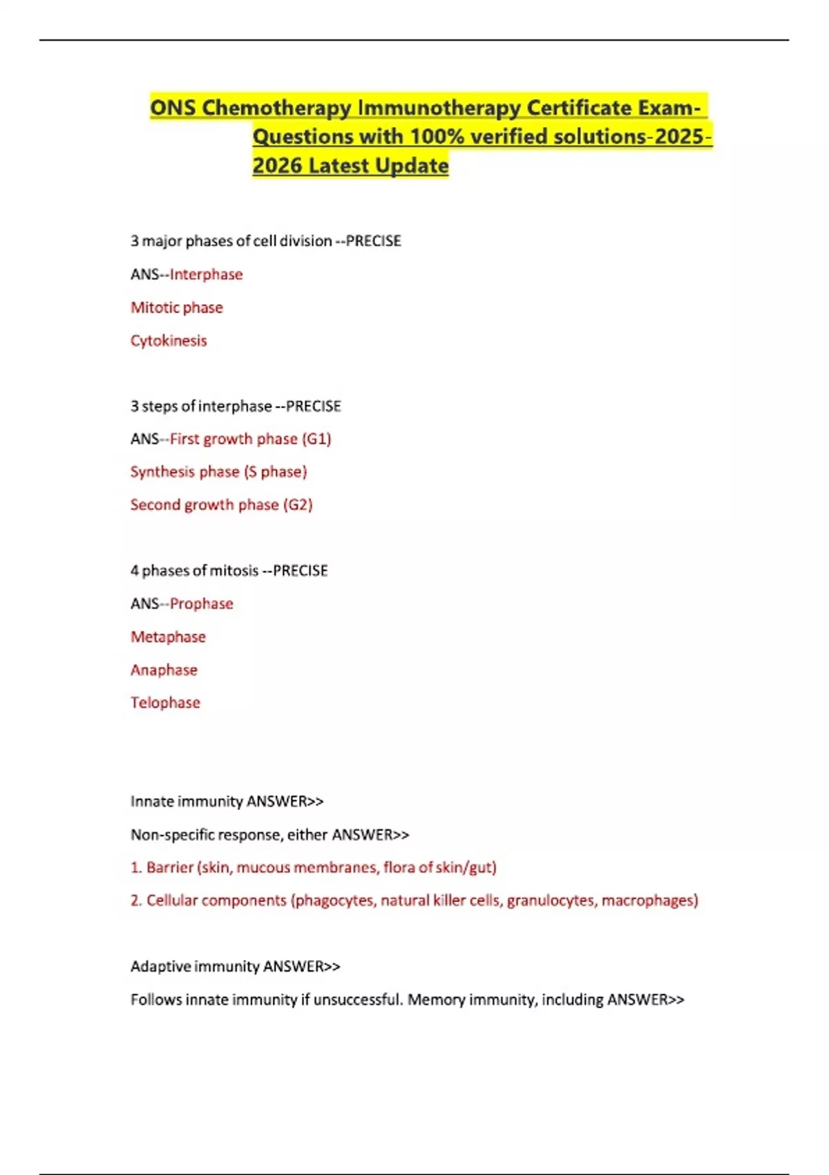 ONS Chemotherapy Immunotherapy Certificate Exam Questions with 100% ...