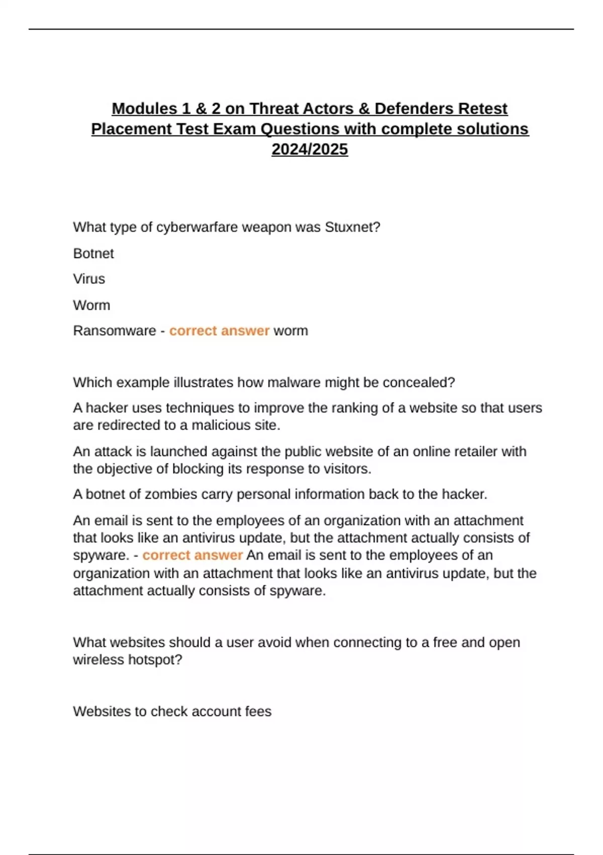 Modules 1 & 2 on Threat Actors & Defenders Retest Placement Test Exam ...