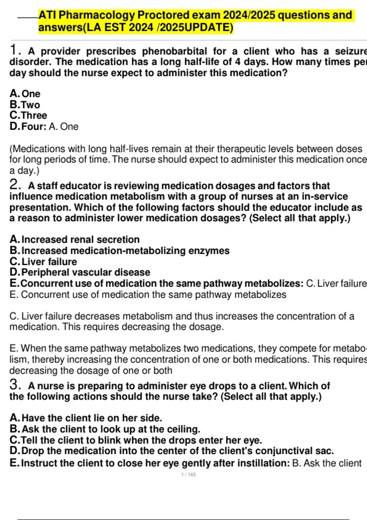 ATI Pharmacology Proctored / Actual Exam Questions with Correct Answers ...