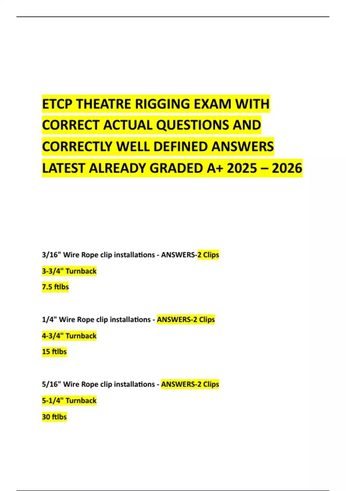 Etcp Rigging Book ETCP THEATRE RIGGING EXAM WITH CORRECT ACTUAL QUESTIONS AND CORRECTLY ...