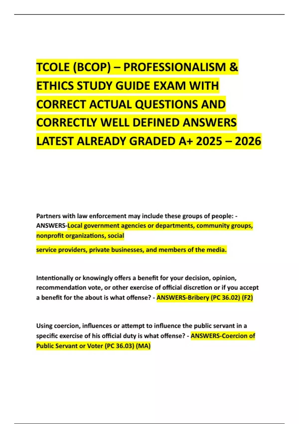 TCOLE (BCOP) – PROFESSIONALISM & ETHICS STUDY GUIDE EXAM WITH CORRECT ...