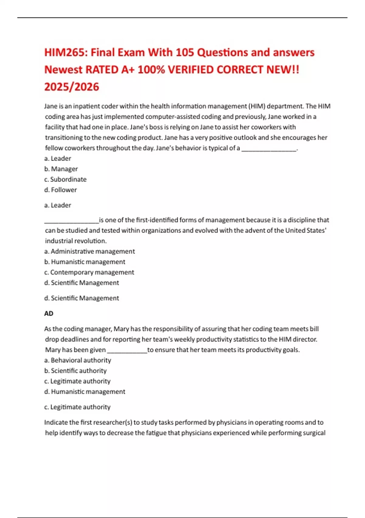 HIM265: Final Exam With 105 Questions and answers Newest RATED A+ 100% ...