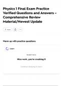 Physics 1 Final Exam Practice Verified Questions and Answers &ndash; Comprehensive Review Material&sol;Newest Update