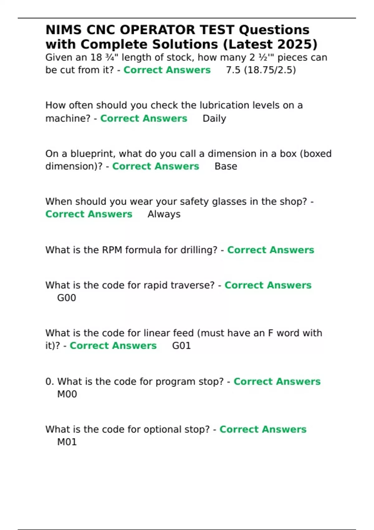 NIMS CNC OPERATOR TEST Questions with Complete Solutions (Latest 2025 ...