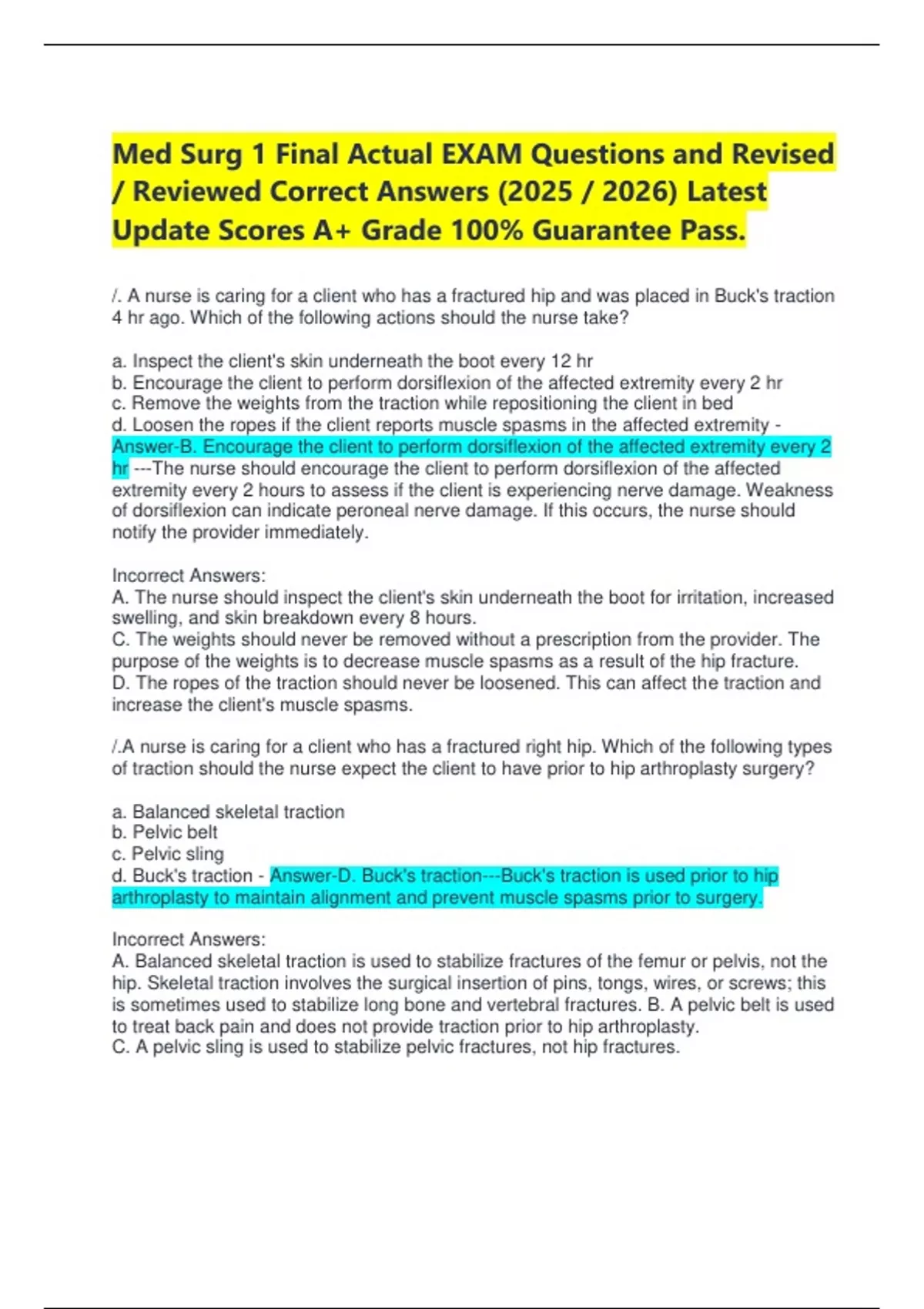 Med Surg 1 Final Actual EXAM Questions and Revised / Reviewed Correct ...