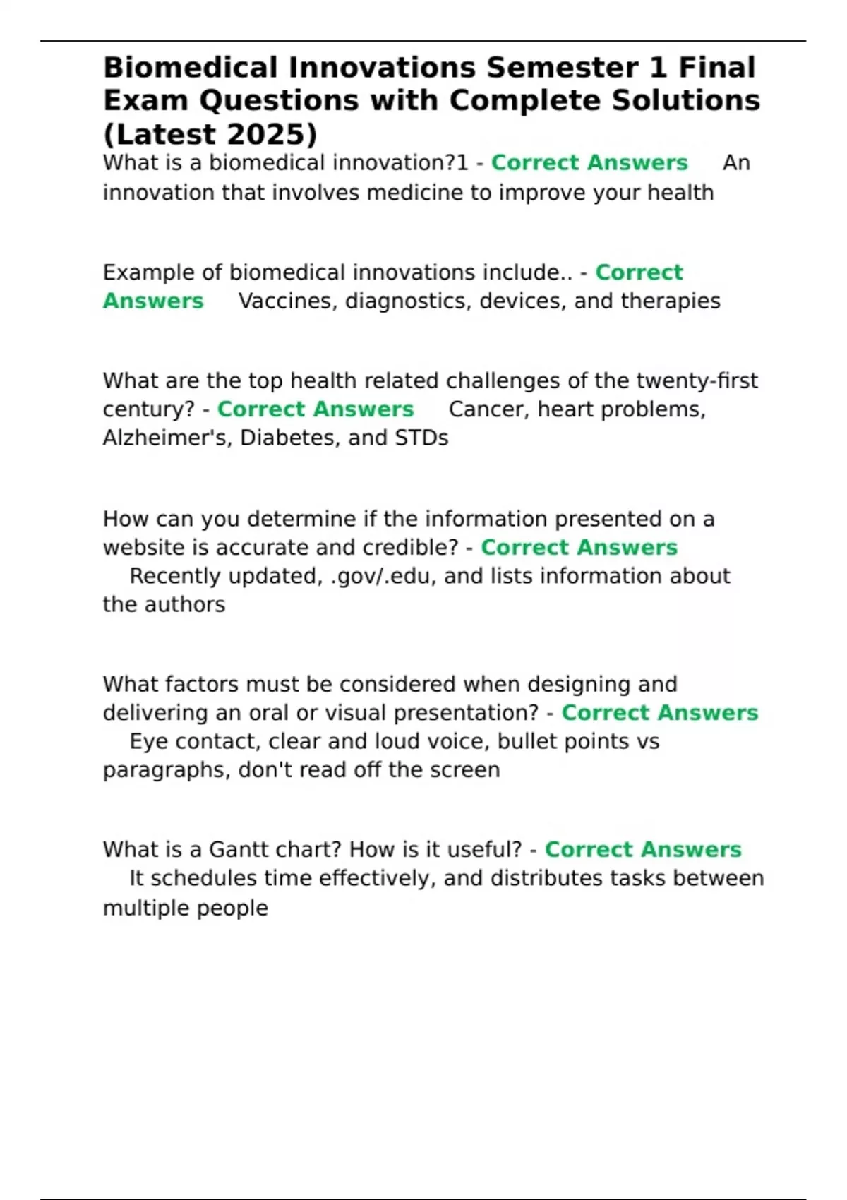 Biomedical Innovations Semester 1 Final Exam Questions with Complete ...
