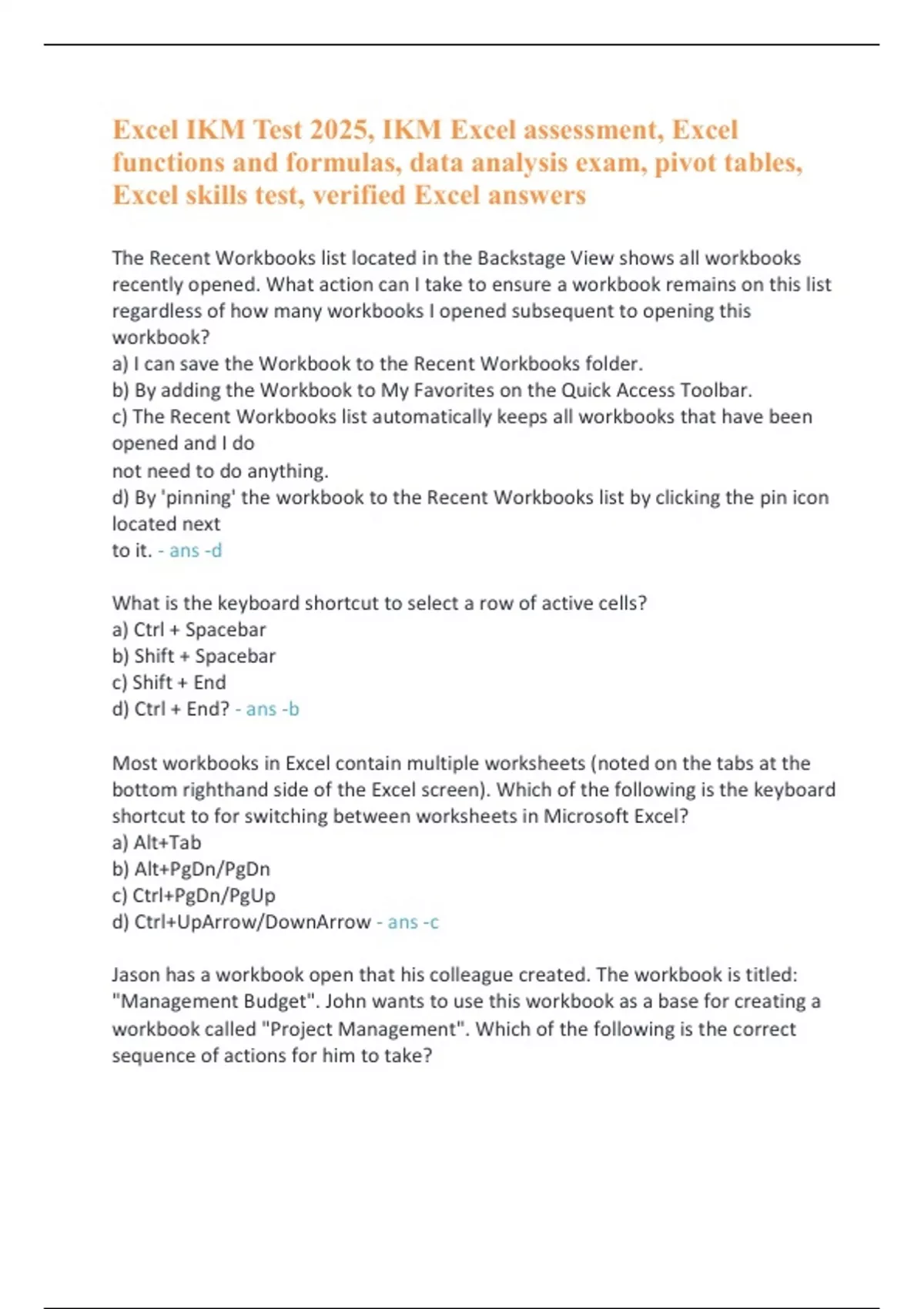 Excel IKM Test 2025, IKM Excel assessment, Excel functions and formulas ...