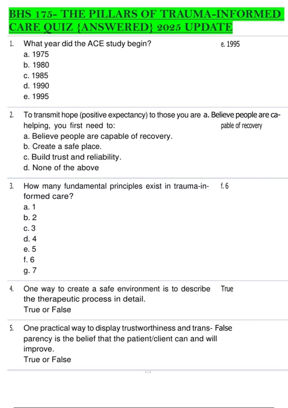 BHS 175- THE PILLARS OF TRAUMA-INFORMED CARE QUIZ {ANSWERED} 2025 ...