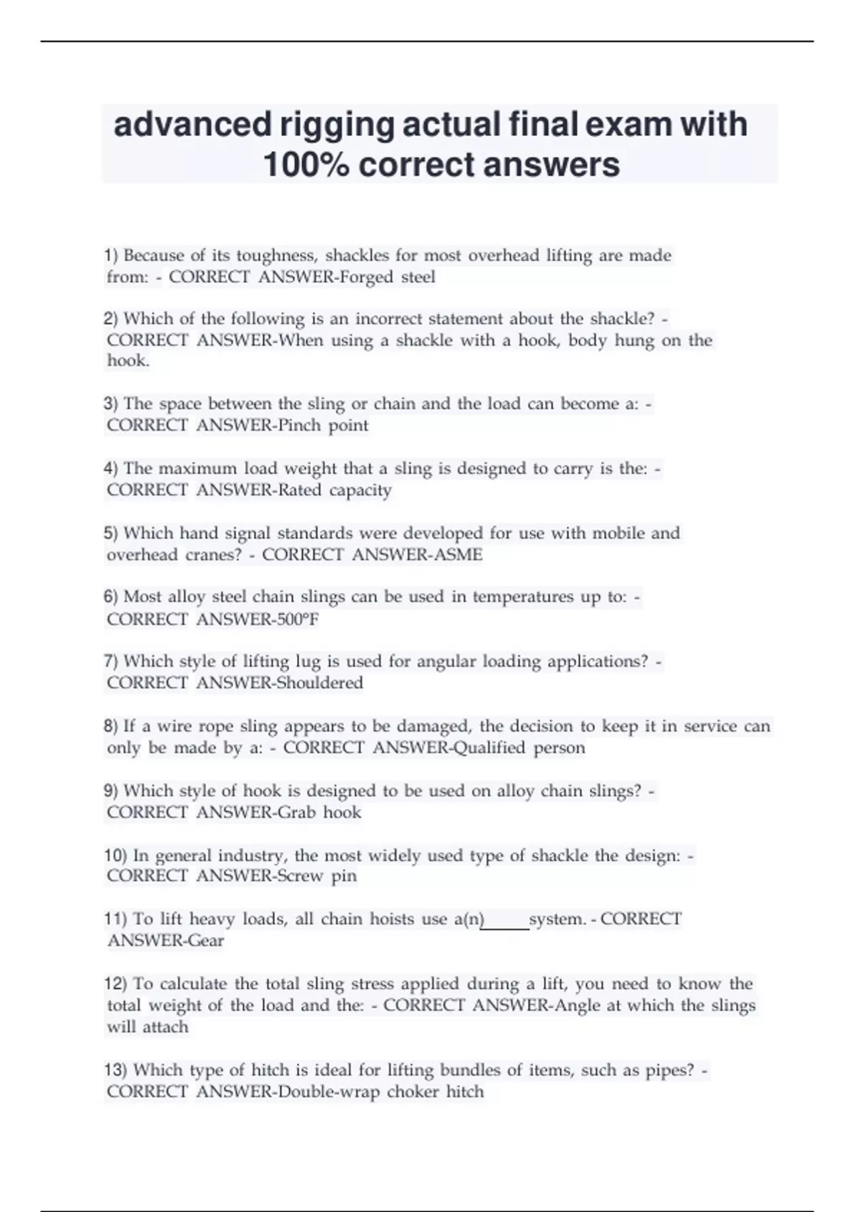 advanced rigging actual final exam with 100% correct answers - Advanced ...