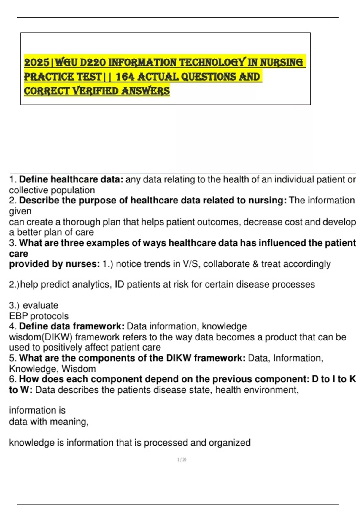 2025|WGU D220 INFORMATION TECHNOLOGY IN NURSING PRACTICE TEST|| 164 ...