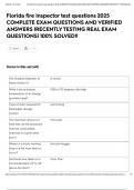 Florida fire Inspector test questions 2025 COMPLETE EXAM QUESTIONS AND VERIFIED ANSWERS &vert;RECENTLY TESTING REAL EXAM QUESTIONS&vert; 100&percnt; SOLVED&excl;&excl;