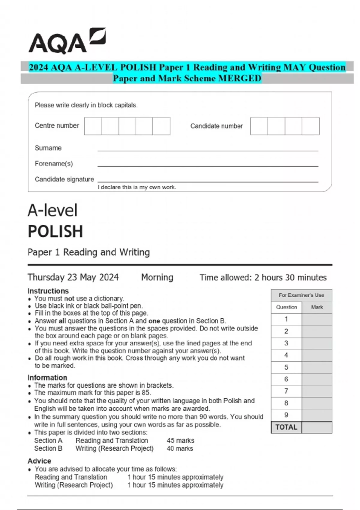 BUNDLED AQA A-LEVEL POLISH 2024 Question Paper and Mark Scheme - Stuvia UK