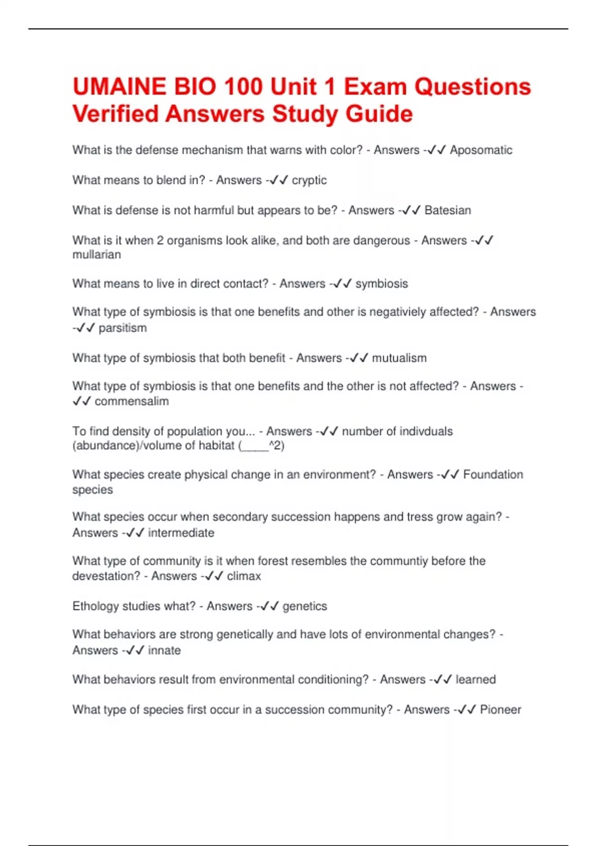 UMAINE BIO 100 Unit 1 Exam Questions Verified Answers Study Guide ...
