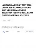 cALIFORNIA PERMIT TEST 2025 COMPLETE EXAM QUESTIONS AND VERIFIED ANSWERS &vert;RECENTLY TESTING REAL EXAM QUESTIONS&vert; 100&percnt; SOLVED&excl;&excl;