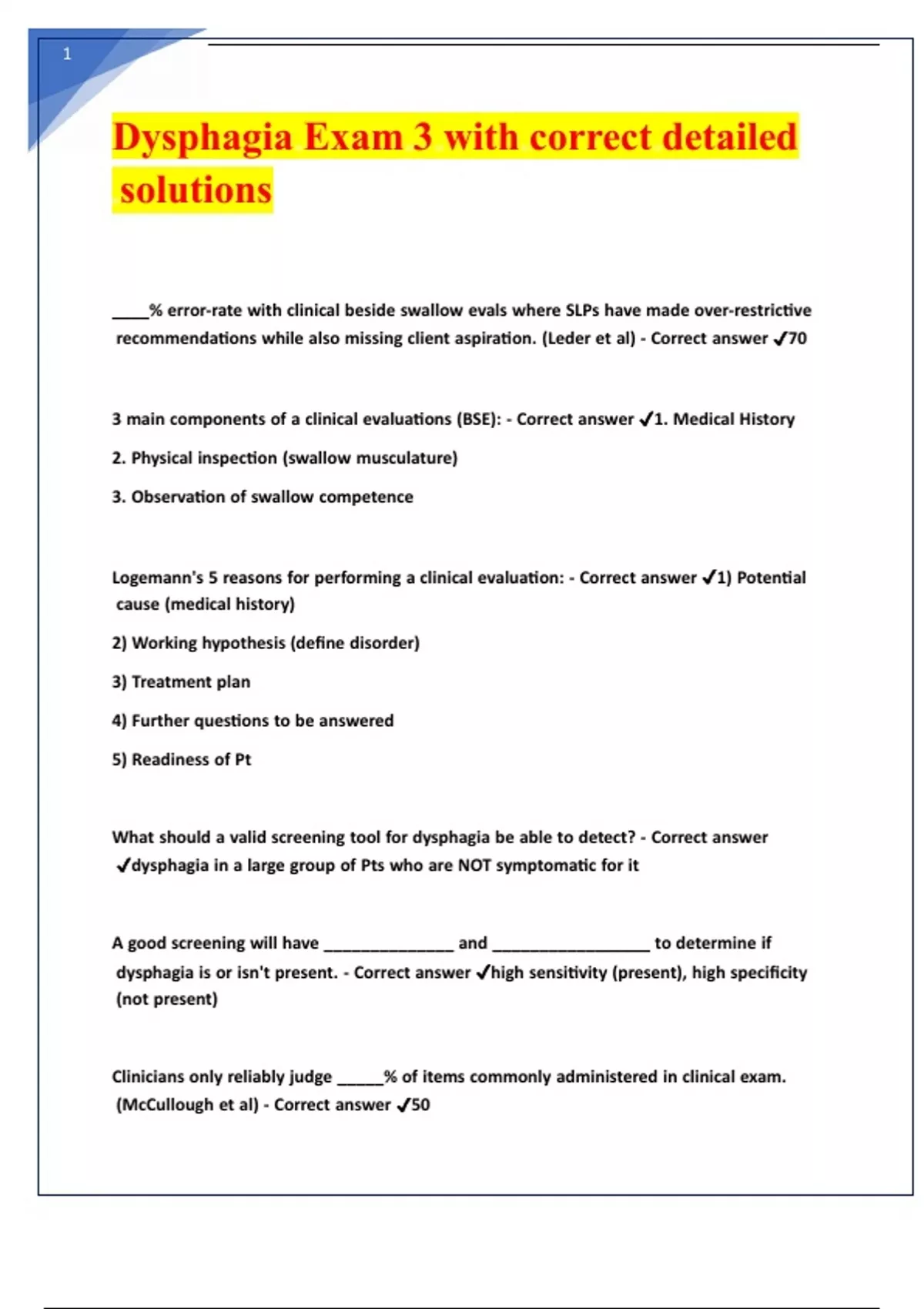 Dysphagia Exam 3 (194 questions) with correct detailed solutions ...