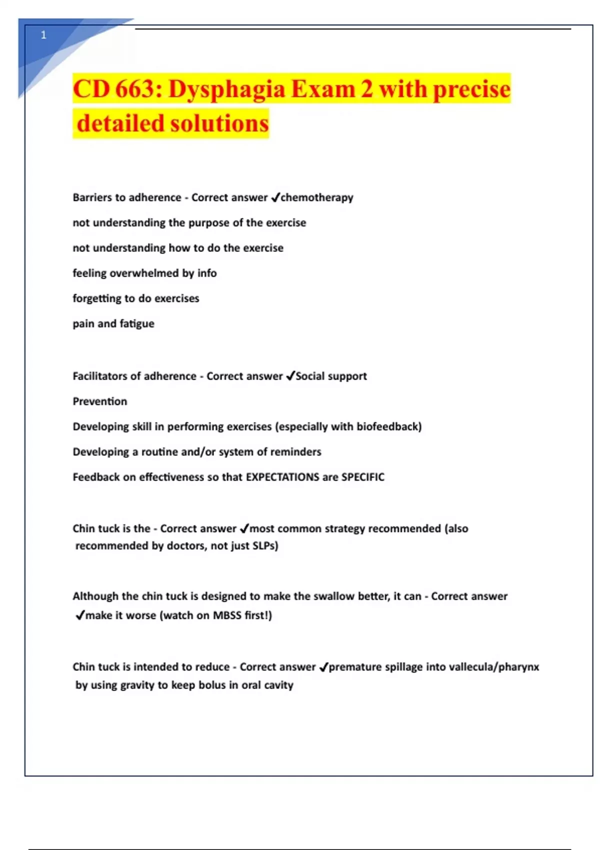 CD 663 Dysphagia Exam 2 with precise detailed solutions - Dysphagia ...