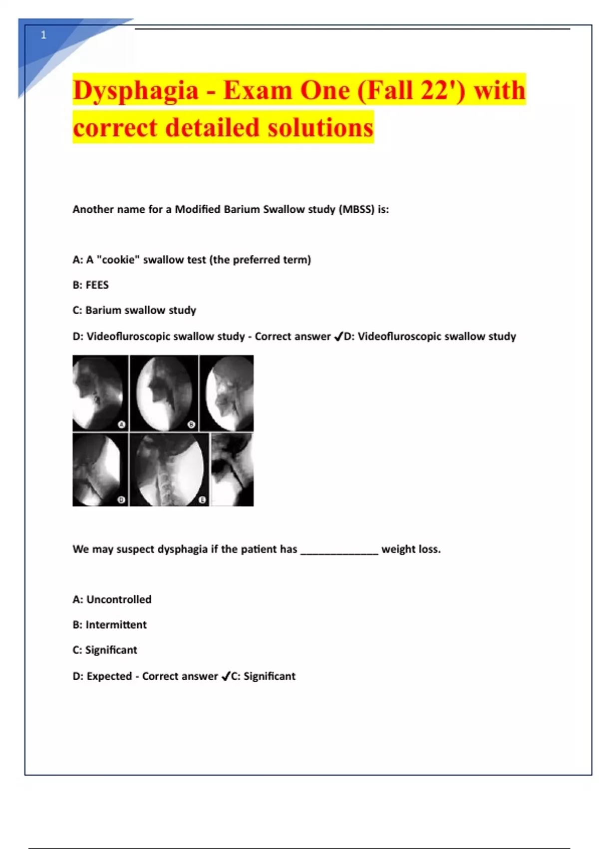 Dysphagia - Exam One (Fall 22-) with correct detailed solutions ...