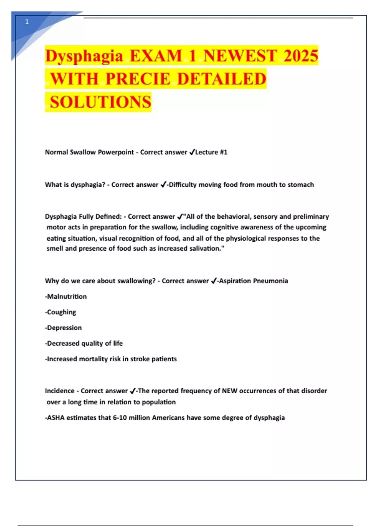 Dysphagia EXAM 1 NEWEST 2025 (359 QUESTIONS) WITH PRECIE DETAILED ...